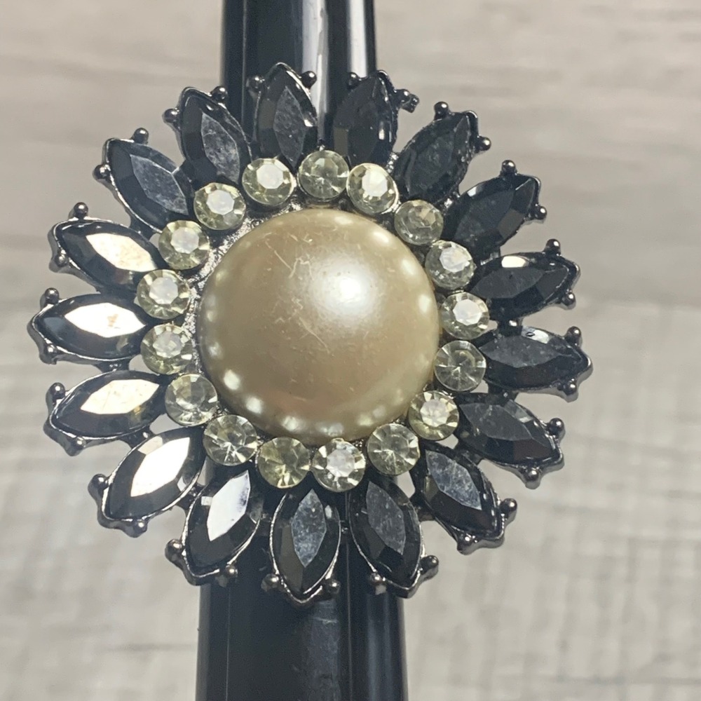 Paparazzi Black Gunmetal Cream Pearl Rhinestone Floral Stretch Ring 4707